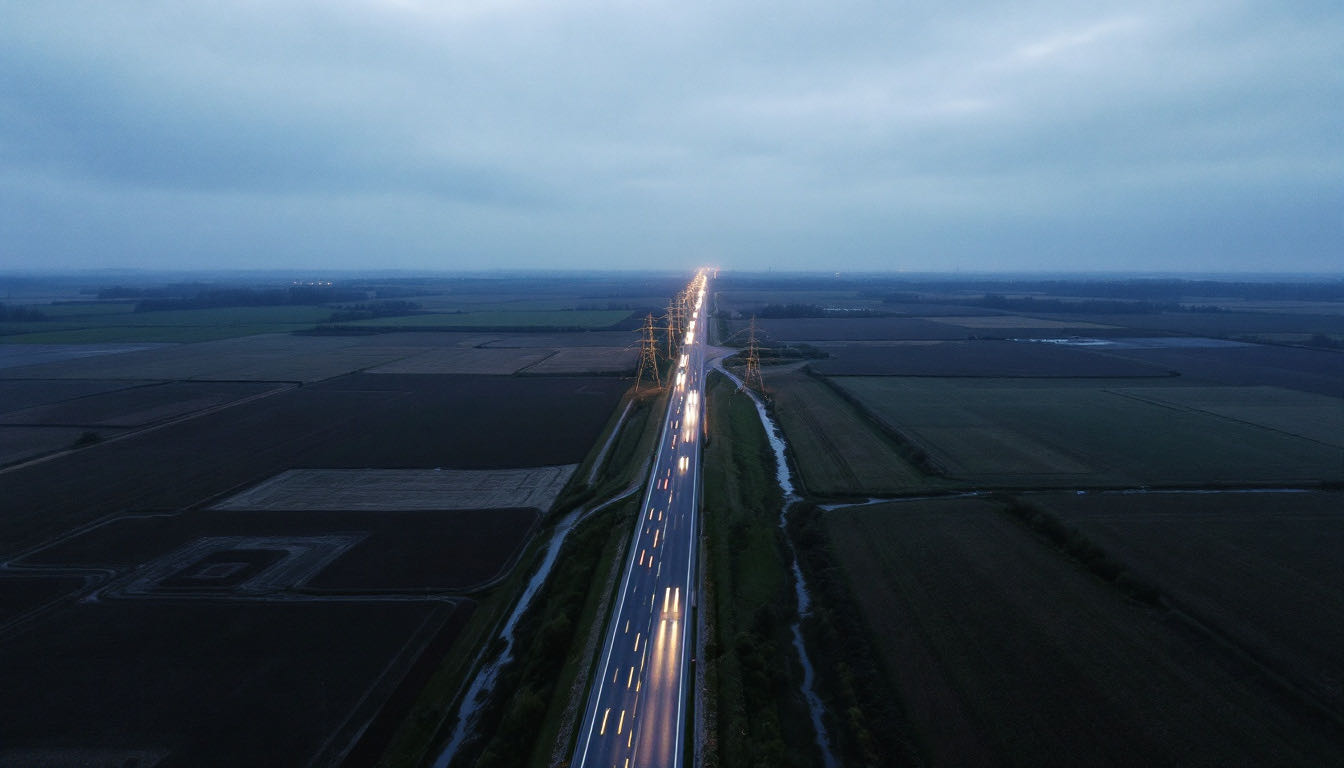 Luchtfoto van een snelwegcorridor met hoogspanningsmasten door vlak polderland bij schemering